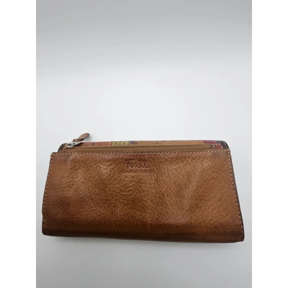 Fossil Brown Leather Patchwork Floral Tri-Fold Wallet with Zipper Pocket